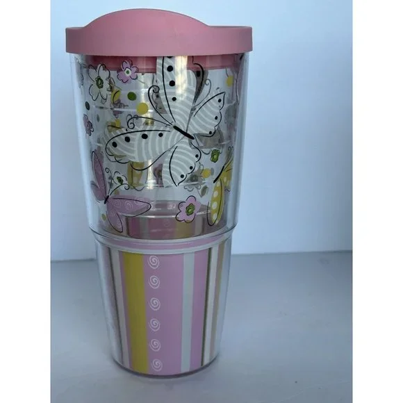 24 oz Tervis Hallmark Pink Lid Butterflies Floral Stripes Travel Tumbler Cup - Picture 4 of 6